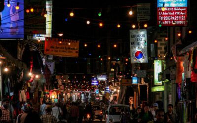Lakeside Pokhara nightlife view at night with lights and street activity