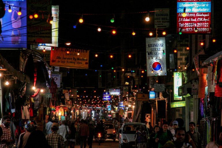 Lakeside Pokhara nightlife view at night with lights and street activity