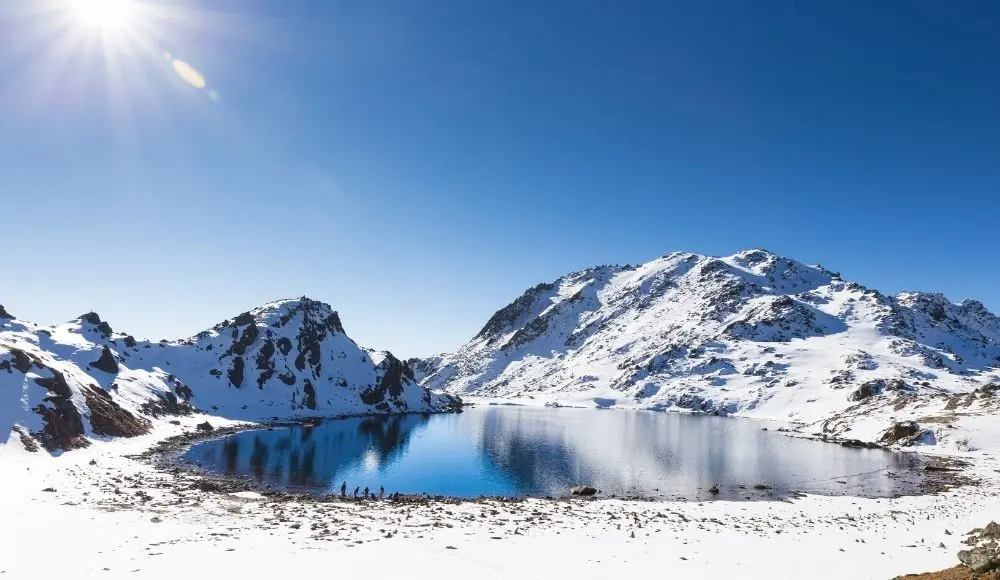 Snow-covered Gosaikunda Lake during winter season