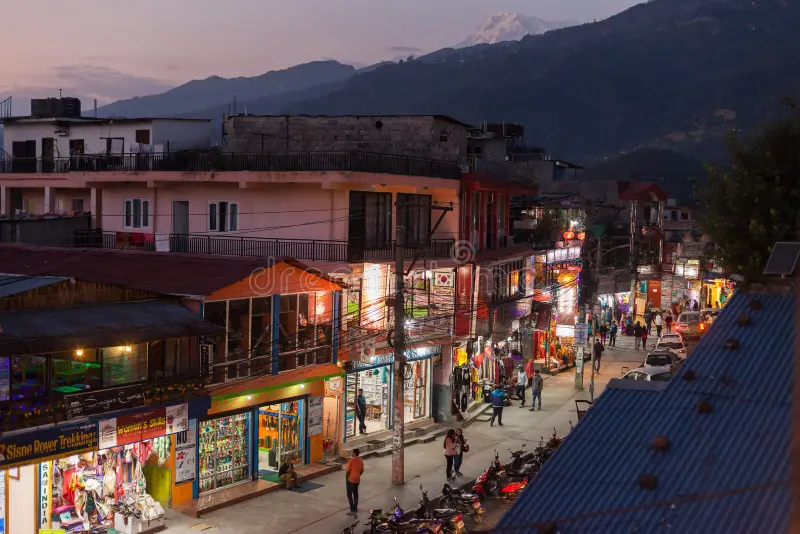 “Lakeside Pokhara street with cafes and shops”