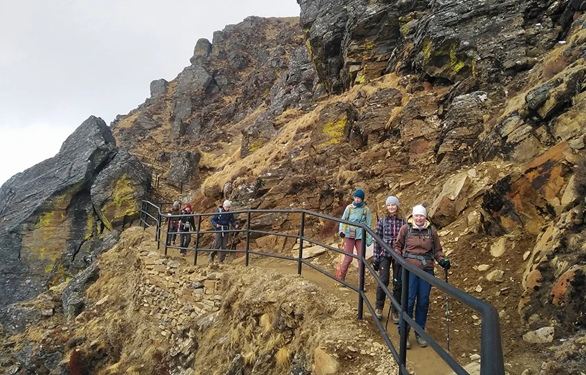 Trekkers hiking towards Gosaikunda at high altitude in Nepal